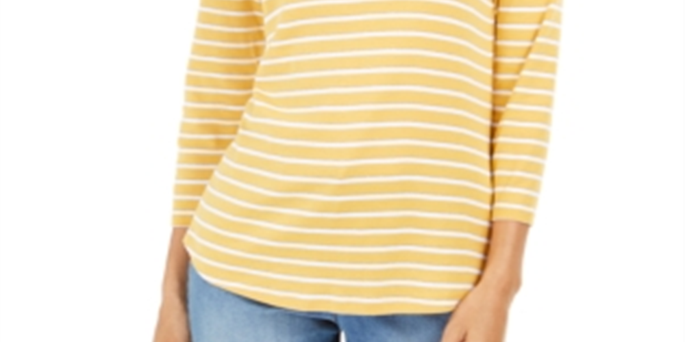 Charter Club Women's Pima Cotton Button Shoulder Stripe Top Yellow Size X-Large