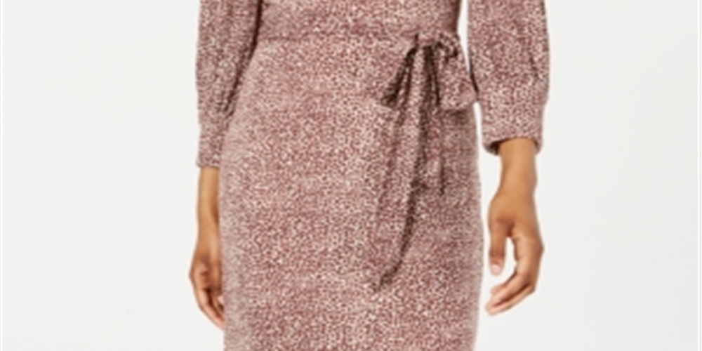 City Studios Women's Belted Animal Print Long Sleeve V Neck Above the Knee Sheath Dress Brown Size X-Small