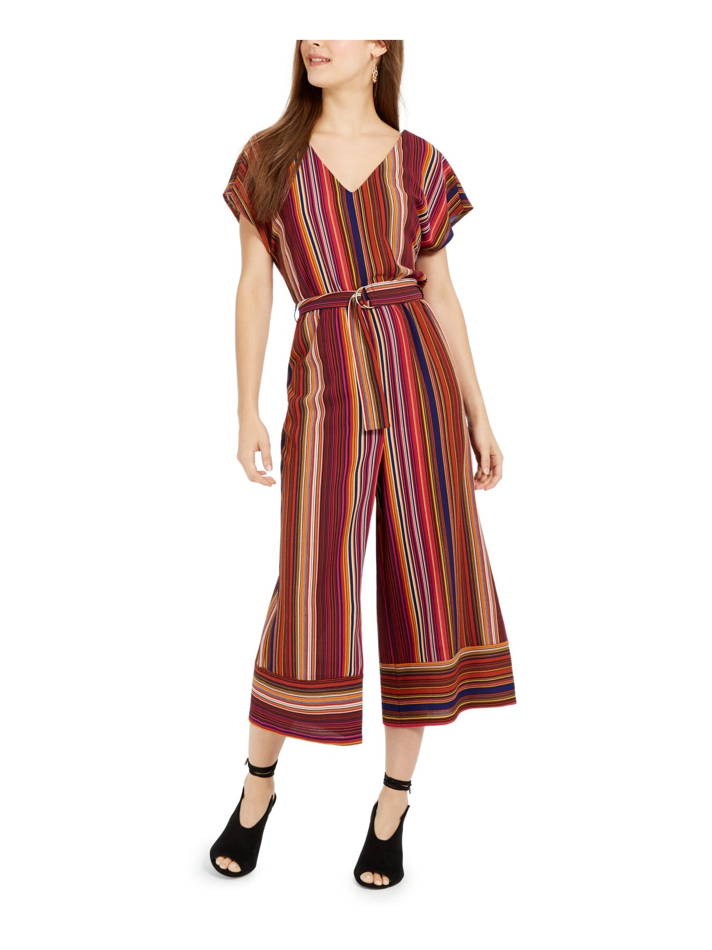 Be Bop Women's Jumpsuit Stripe Belted Wide Leg Crop Red Size Medium
