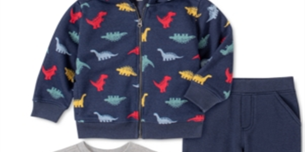 Kids Headquarters Baby Boy's 3 Pc Dinosaur Fleece Hoodie Jogger Pants & Long Sleeve T-Shirt Set Blue Size 12MOS