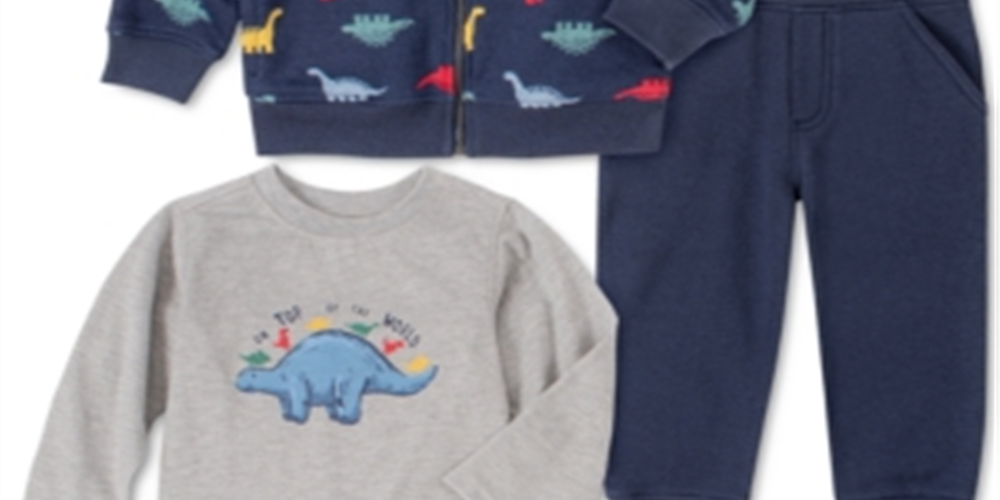 Kids Headquarters Baby Boy's 3 Pc Dinosaur Fleece Hoodie Jogger Pants & Long Sleeve T-Shirt Set Blue Size 12MOS