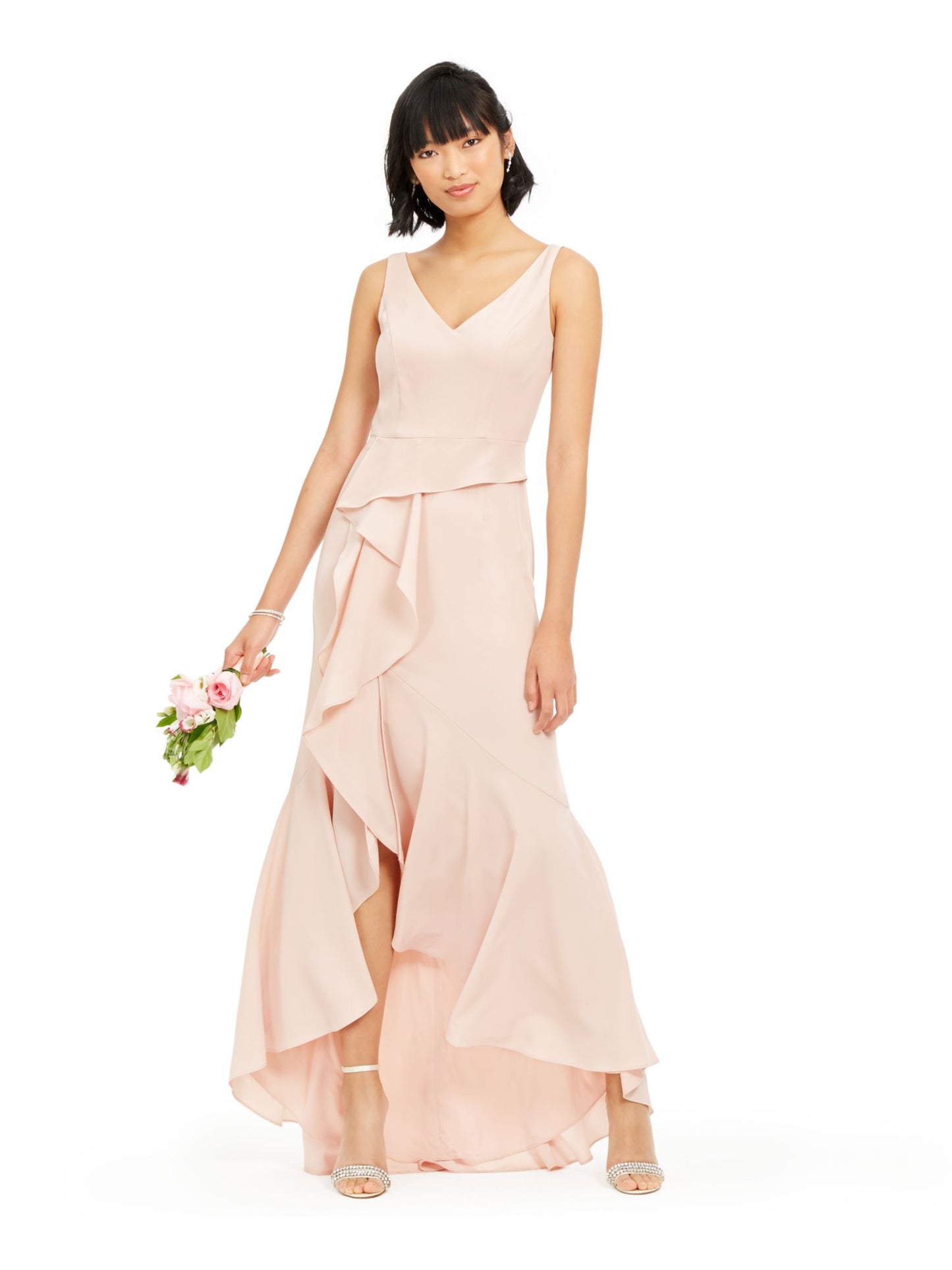 Adrianna Papell Women's V Neck Full Length Hi Lo Formal Dress Pink Size 2