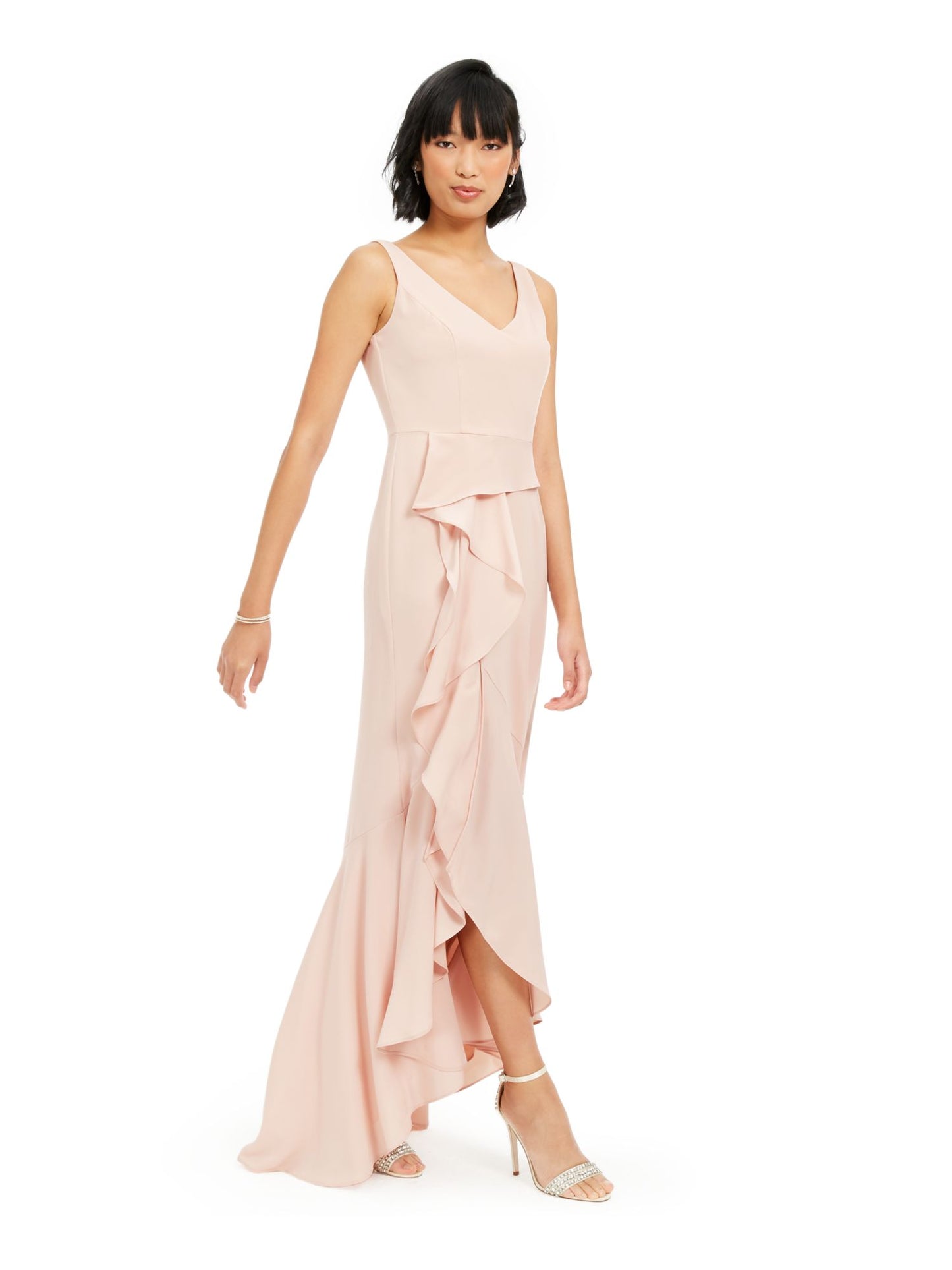 Adrianna Papell Women's V Neck Full Length Hi Lo Formal Dress Pink Size 2