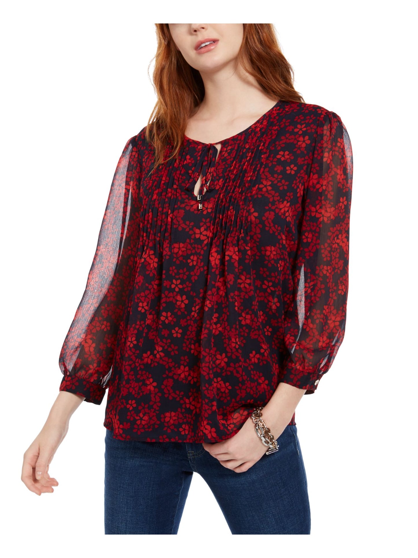 Tommy Hilfiger Women's Blouse Chiffon Pintuck Red Size X-Large