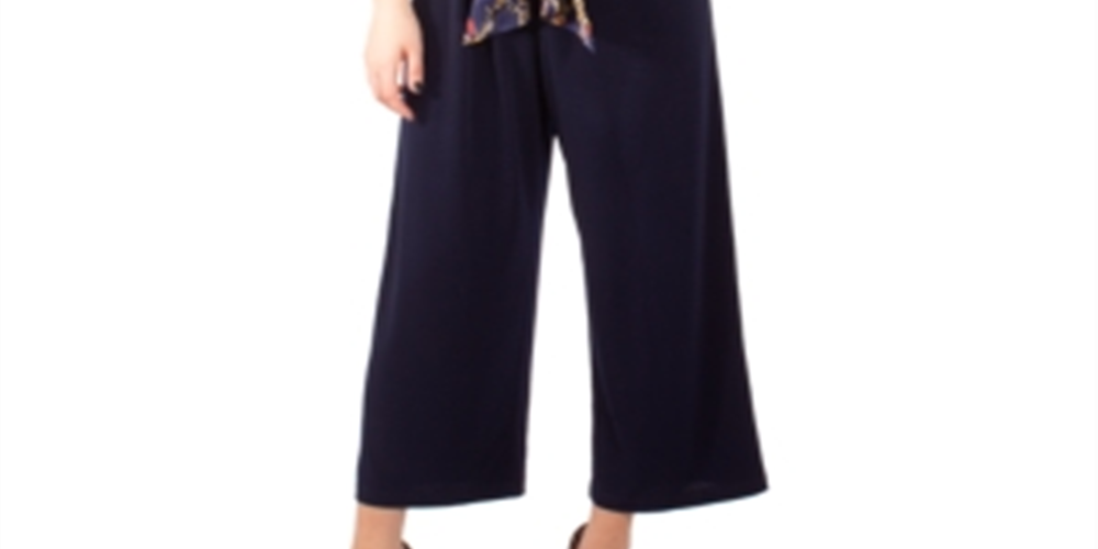 NY Collection Women's Printed Tie Belt Jumpsuit Blue Size Petite X-Large