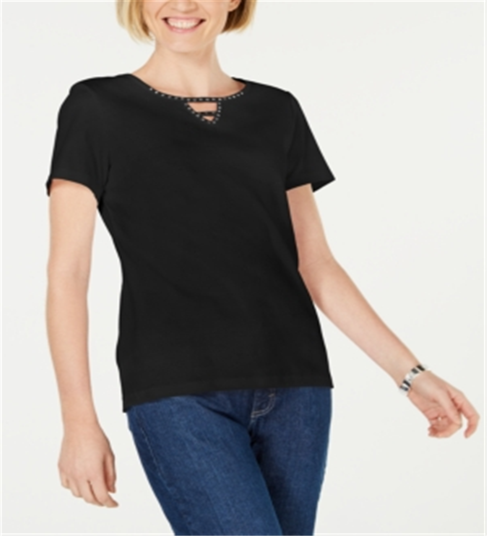 Karen Scott Women's Cotton Embellished Keyhole Top Black Size Small