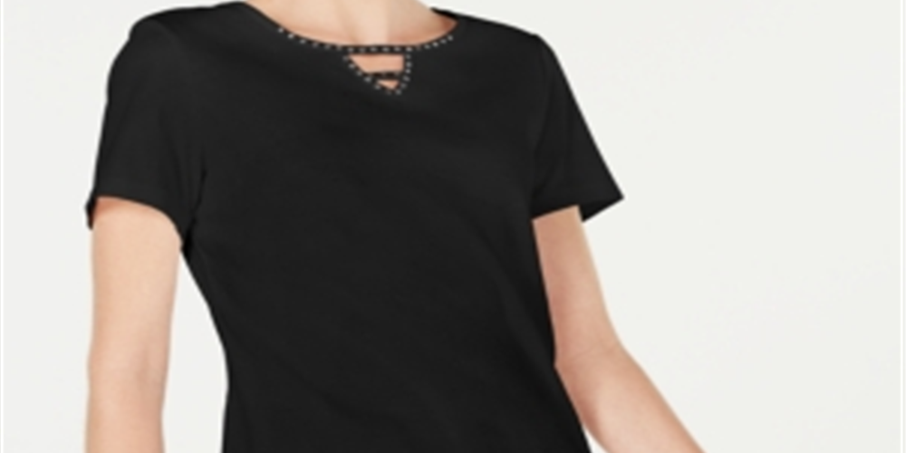 Karen Scott Women's Cotton Embellished Keyhole Top Black Size Small