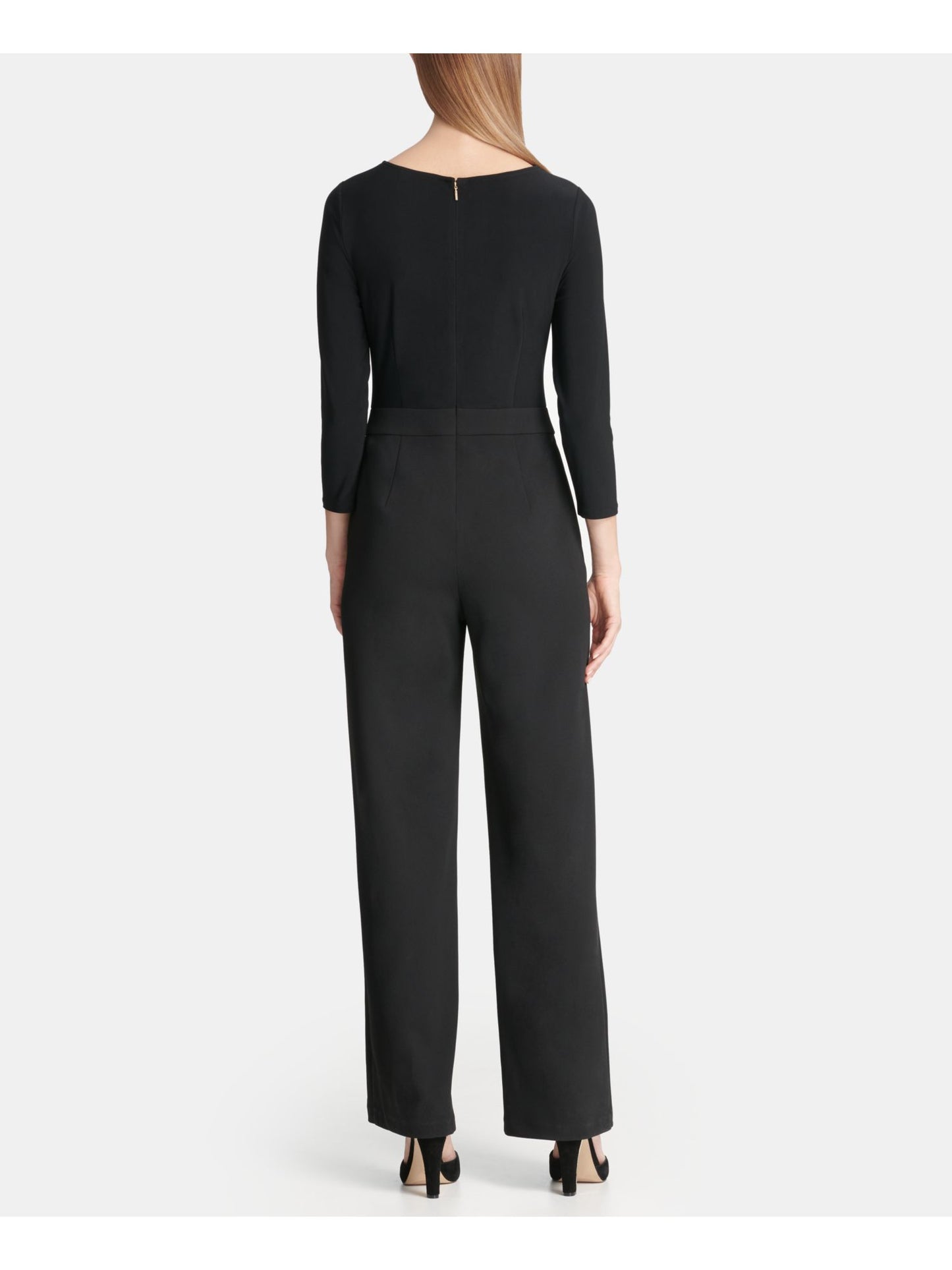 DKNY Women's 3/4 Sleeve Jewel Neck Straight Leg Jumpsuit Black Size 6