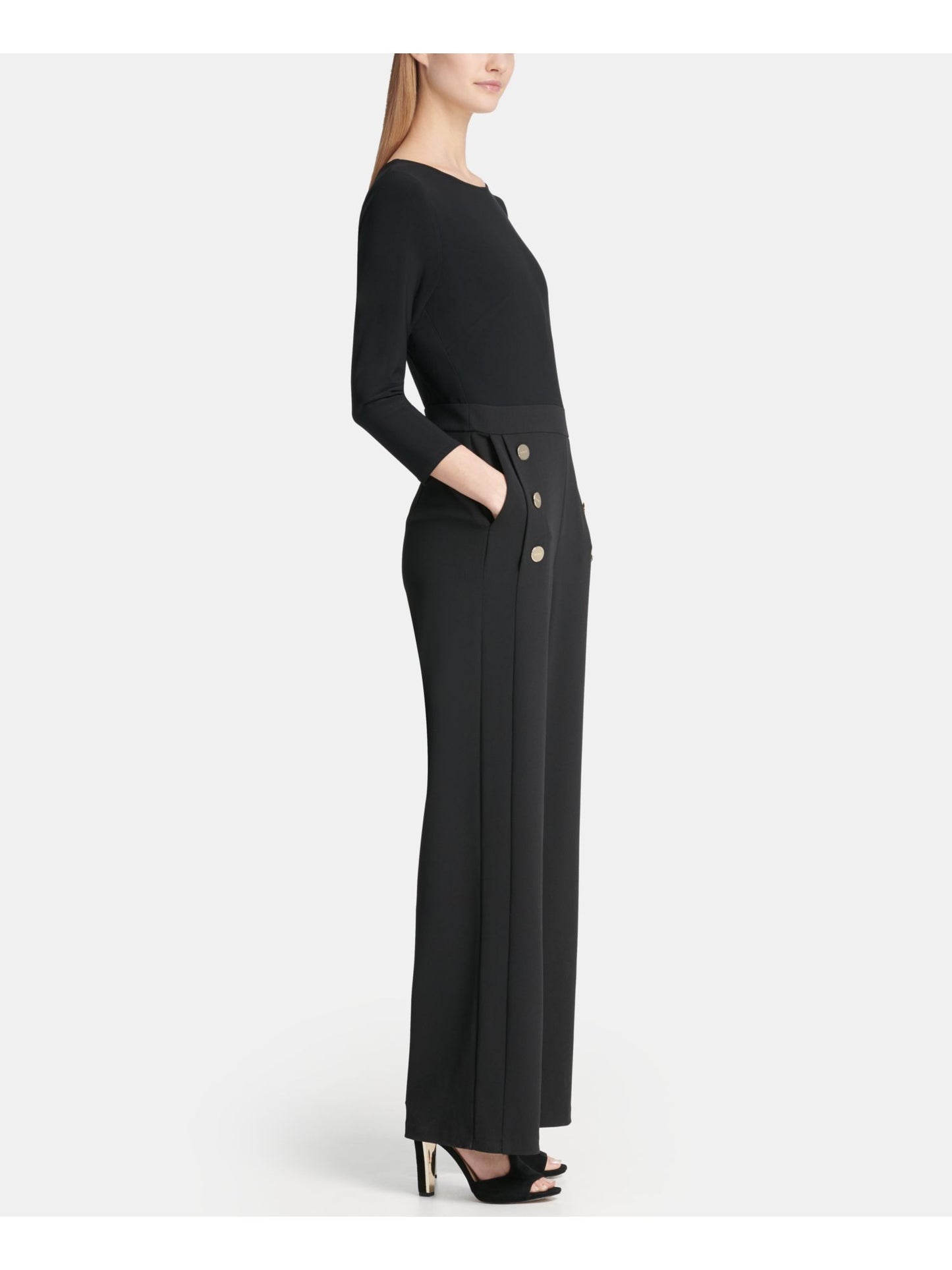 DKNY Women's 3/4 Sleeve Jewel Neck Straight Leg Jumpsuit Black Size 6
