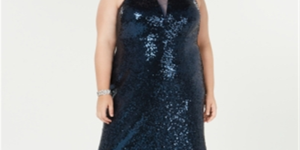Morgan & Co Women's Trendy Plus Sequined Halter Gown Blue Size 24