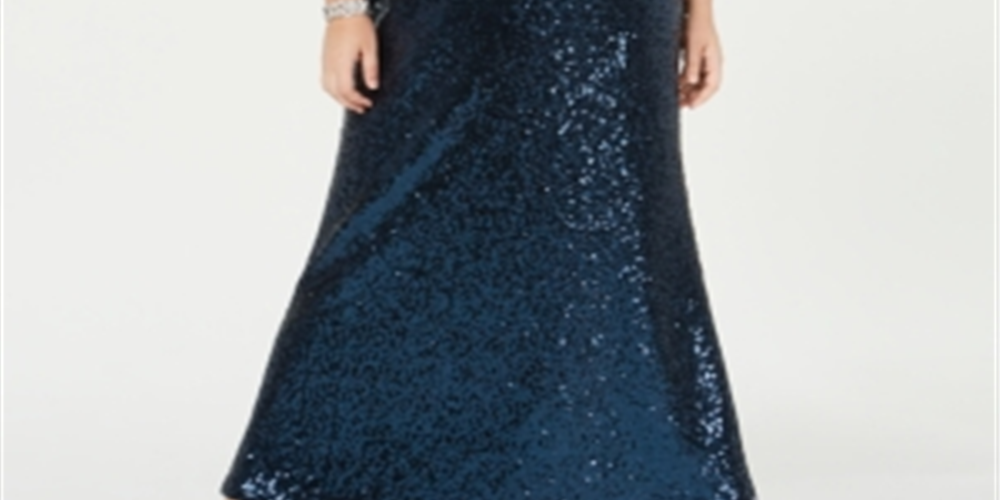Morgan & Co Women's Trendy Plus Sequined Halter Gown Blue Size 24