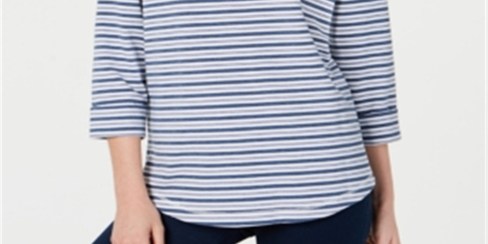 Karen Scott Women's Striped 3/4 Sleeve Sweatshirt Blue - White Size Petite S