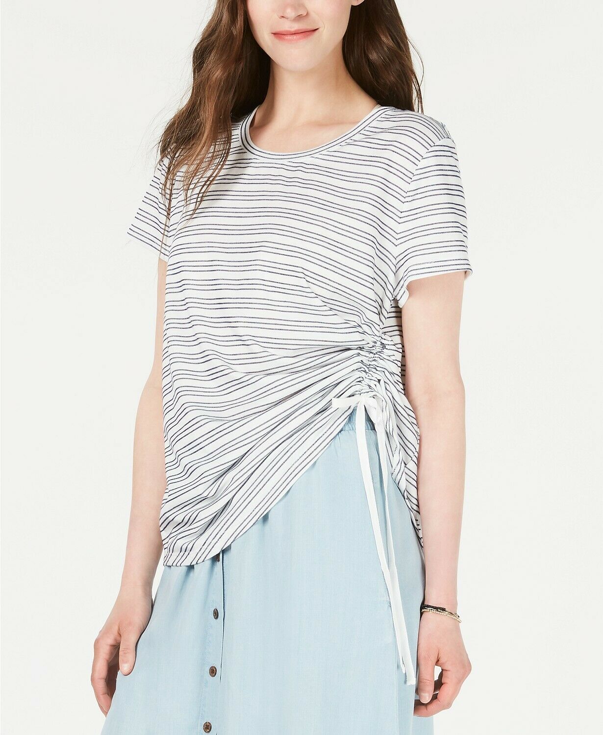 Style & Co Women's Striped Side Ruched Top Brown Size Large