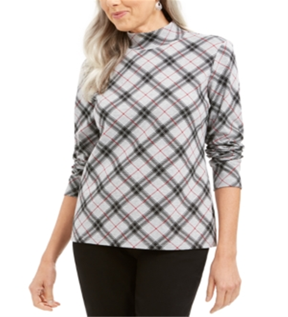 Karen Scott Women's Plaid Mock Neck Top Gray Size Petite SM
