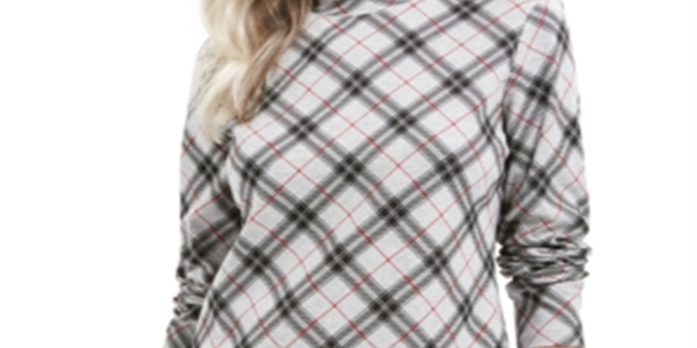 Karen Scott Women's Plaid Mock Neck Top Gray Size Petite SM