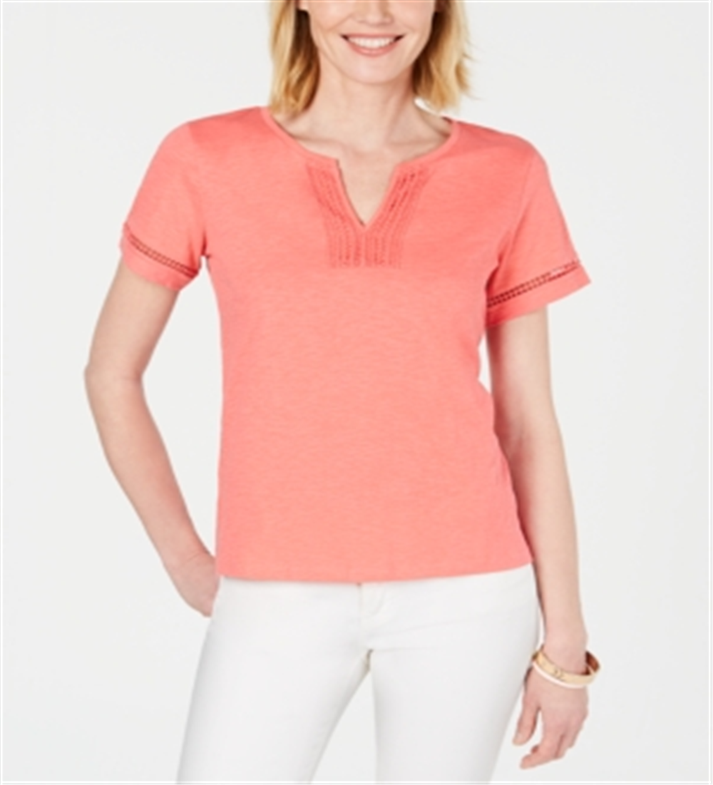 Charter Club Women's Split Neck Cotton Top Pink Size Medium