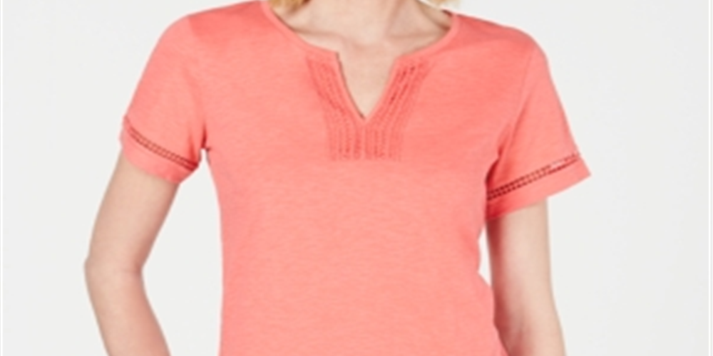 Charter Club Women's Split Neck Cotton Top Pink Size Medium
