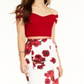 Teeze Me Women's Short Sleeve Off Shoulder Crop Top White/Red Size 1