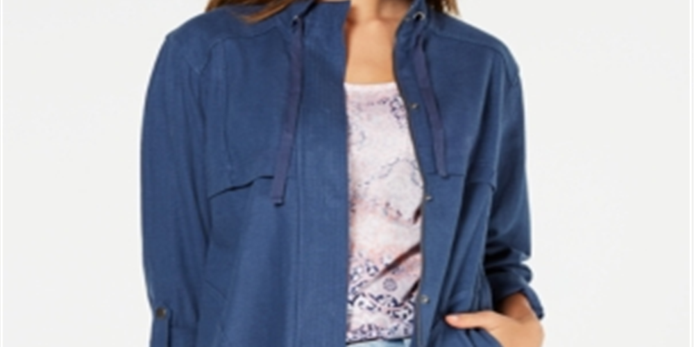 Style & Co Women's Zip up Roll Tab Sleeve Jacket Blue Size L
