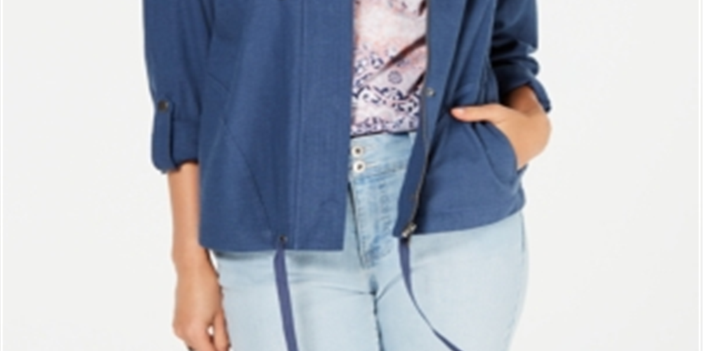 Style & Co Women's Zip up Roll Tab Sleeve Jacket Blue Size L
