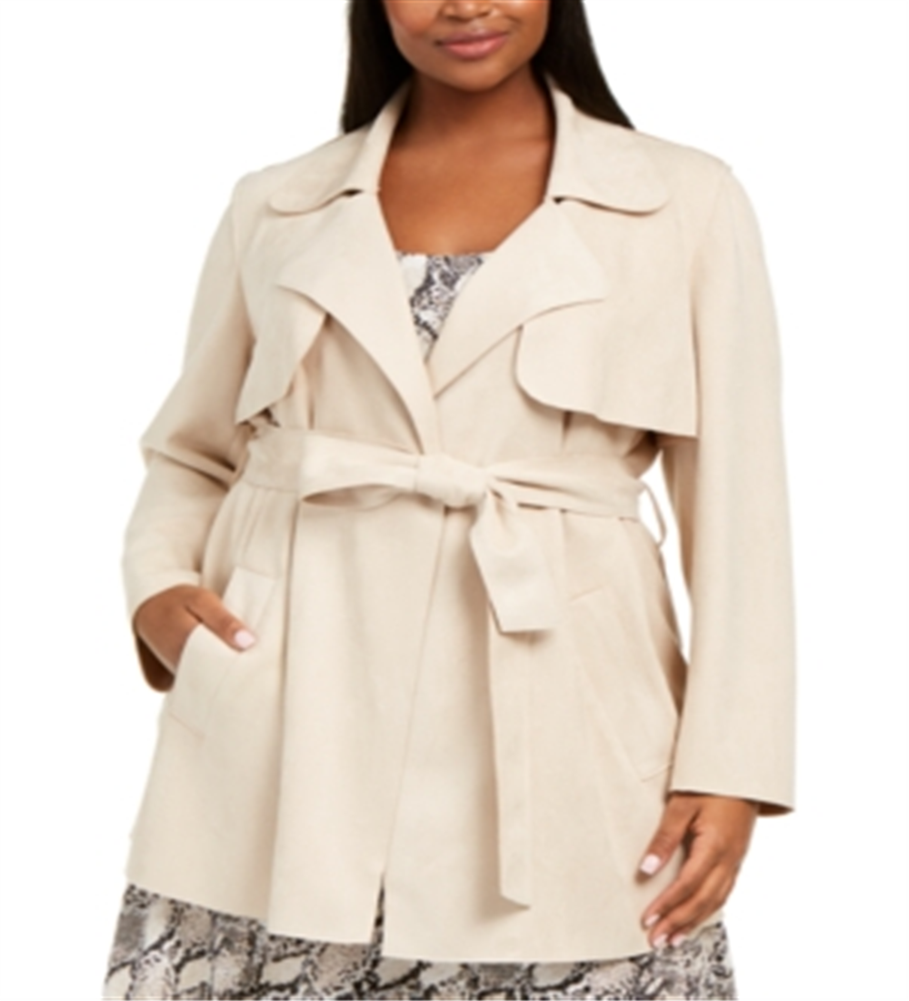 Bar III Women's Plus Faux Suede Belted Jacket White Size 16