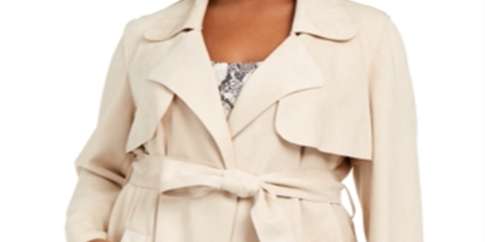 Bar III Women's Plus Faux Suede Belted Jacket White Size 16