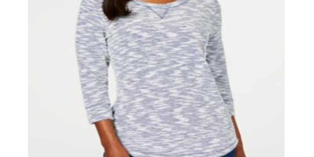 Karen Scott Women's Space Dye 3/4 Sleeve Top Blue-White  Size Petite L