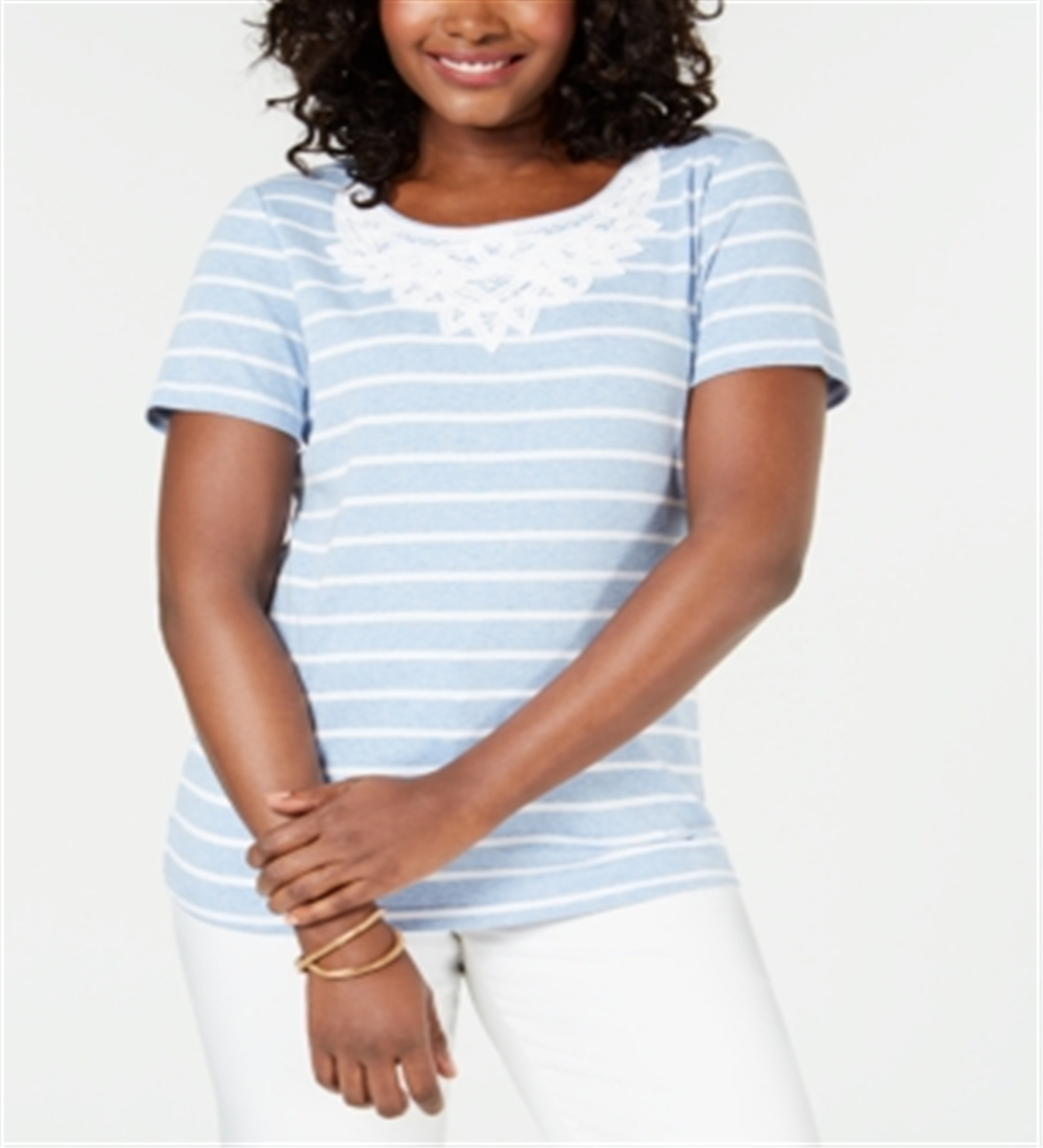 Karen Scott Women's Crochet Lace Striped Cotton Top Blue Size Large