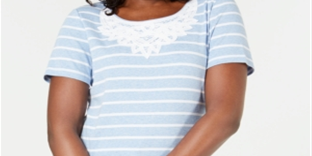 Karen Scott Women's Crochet Lace Striped Cotton Top Blue Size Large