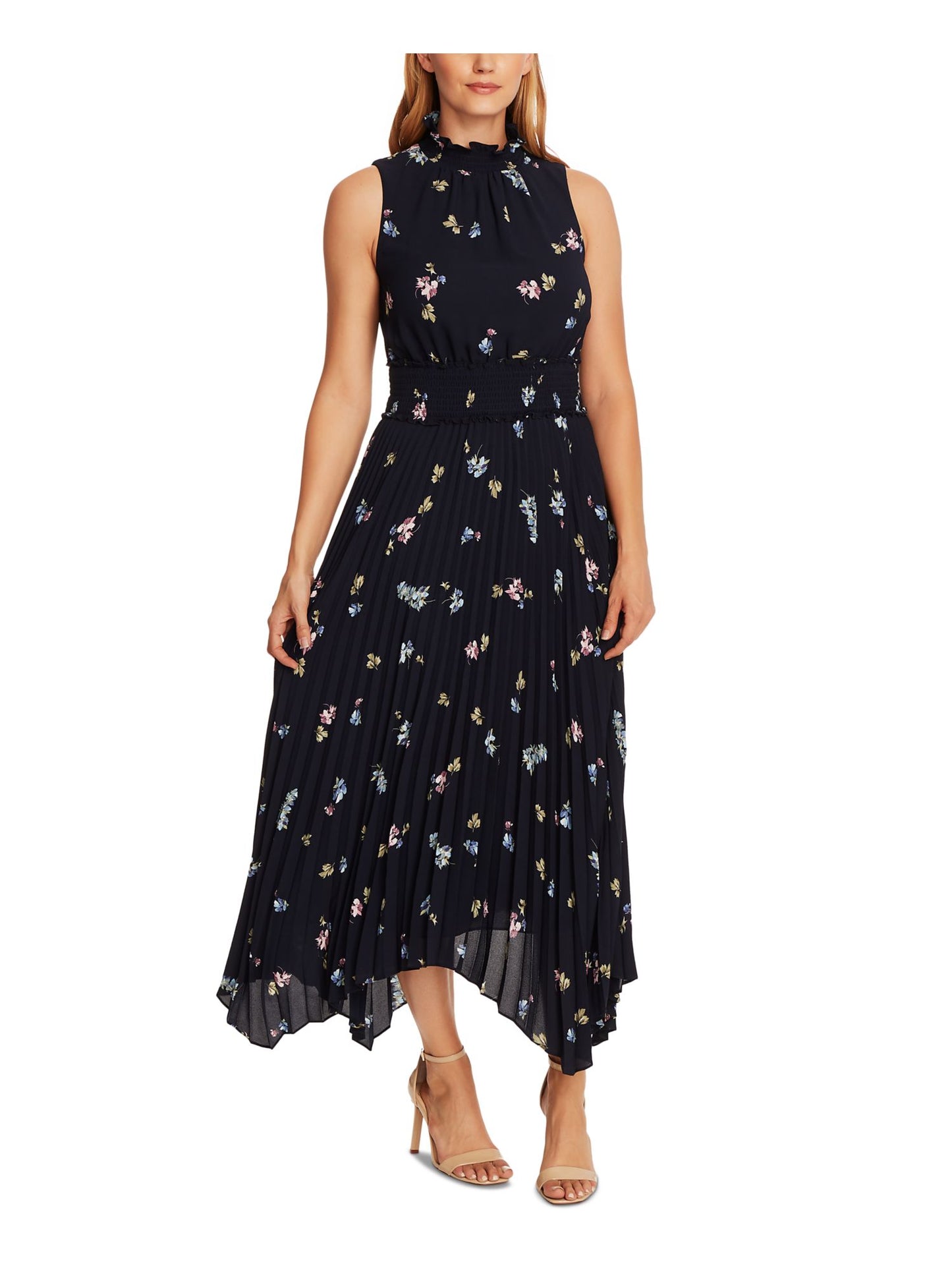 Vince Camuto Women's Sleeveless Romantic Buds Mock Neck Pleated Dress Clothing Blue Size 14