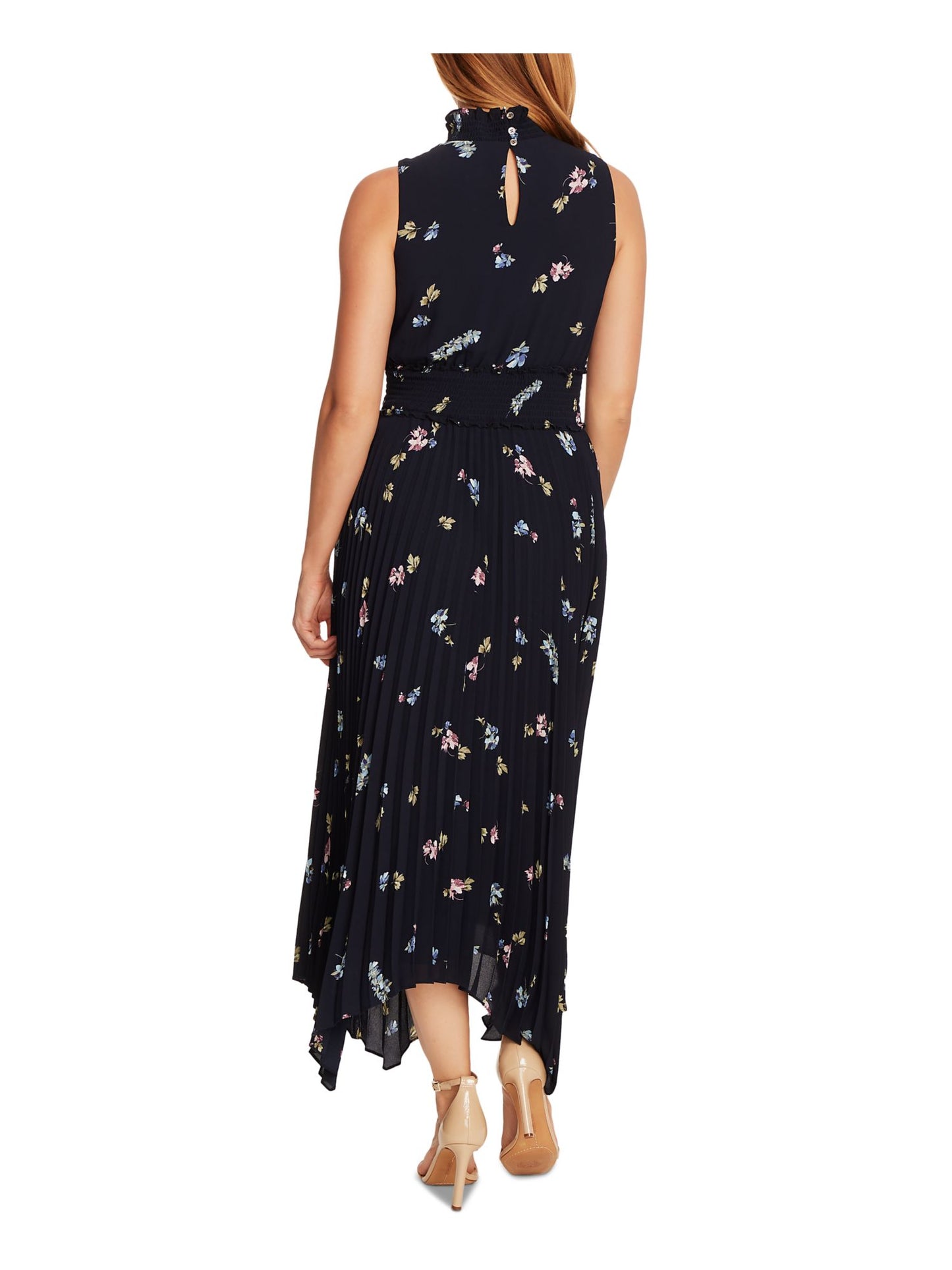 Vince Camuto Women's Sleeveless Romantic Buds Mock Neck Pleated Dress Clothing Blue Size 14