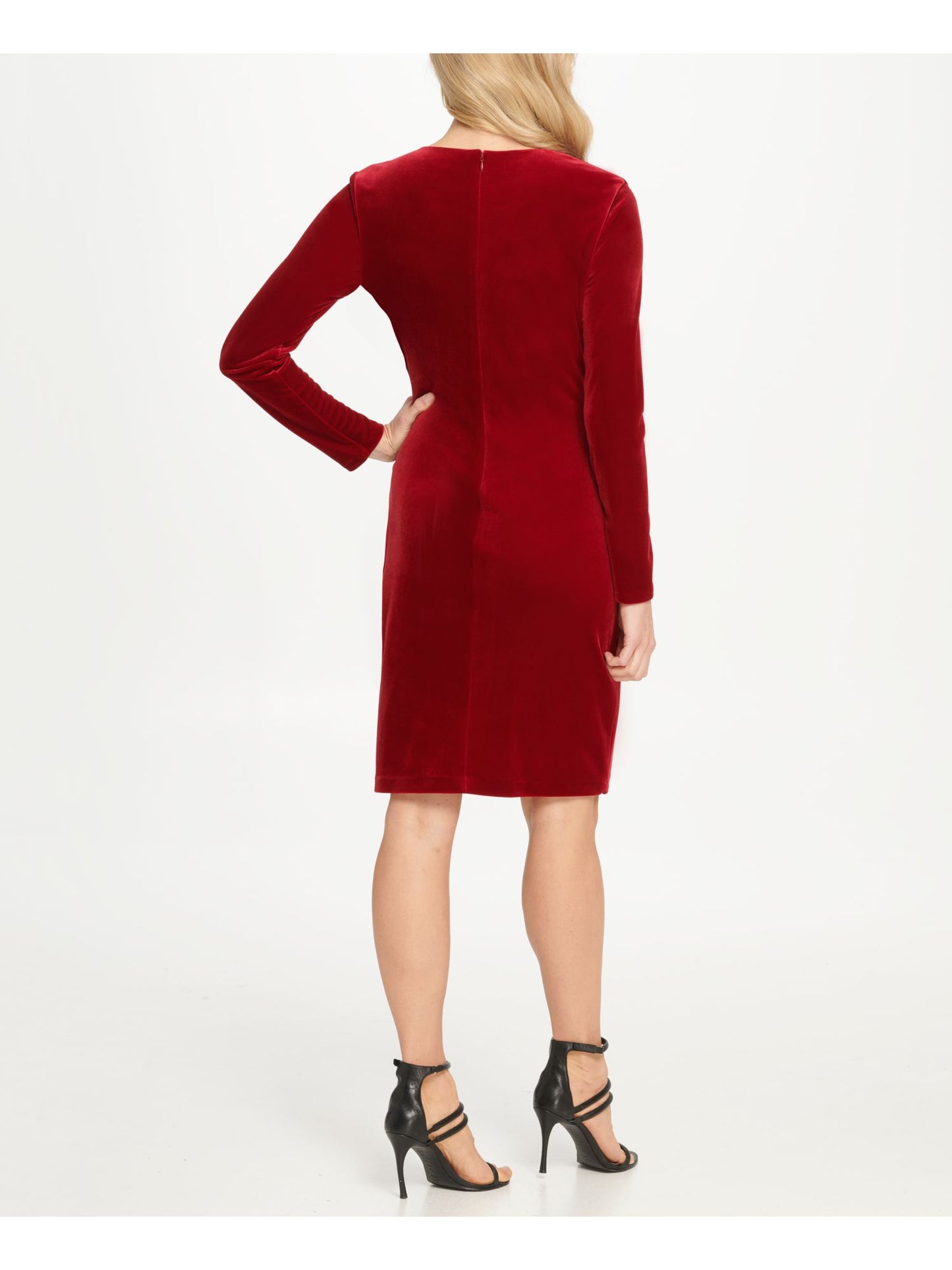DKNY Women's Ruched Long Sleeve V Neck Knee Length Sheath Cocktail Dress Red Size 8