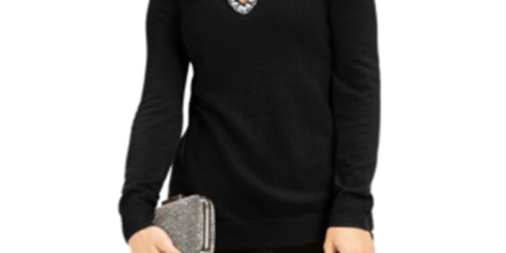 INC International Concepts Women's  Embellished Keyhole Sweater Black Size Petite S