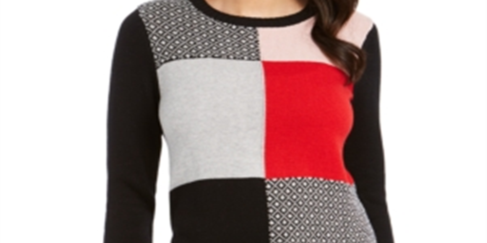 Charter Club Women's Patchwork Sweater Black Size Petite Large