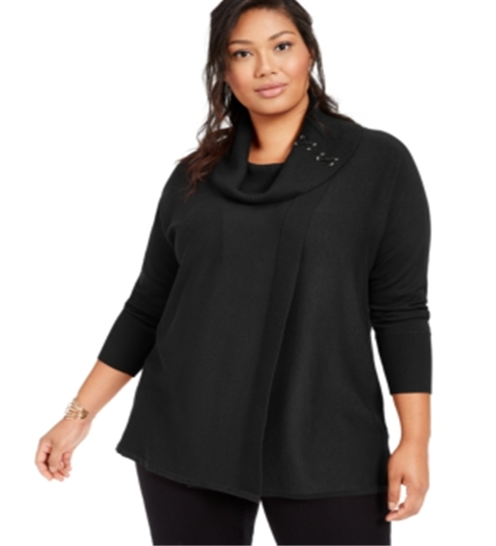 JM Collection Women's Plus Lace up Cowlneck Sweater Black Size 2X