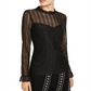 INC International Concepts Women's Metallic Illusion Ruffled Neck Top Black Size Petite L