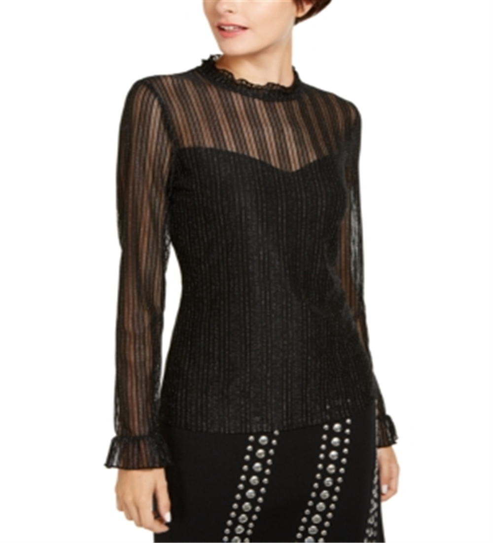 INC International Concepts Women's Metallic Illusion Ruffled Neck Top Black Size Petite L