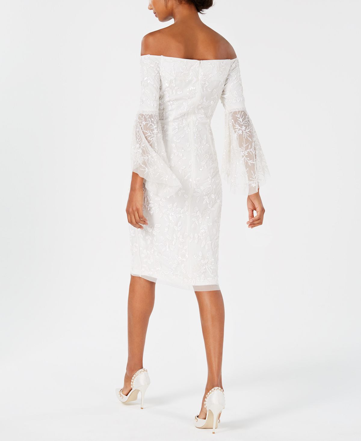 Adrianna Papell Women's 3/4 Quarter Bell Sleeves Off the Shoulder Sequin Floral Dress White Size 6