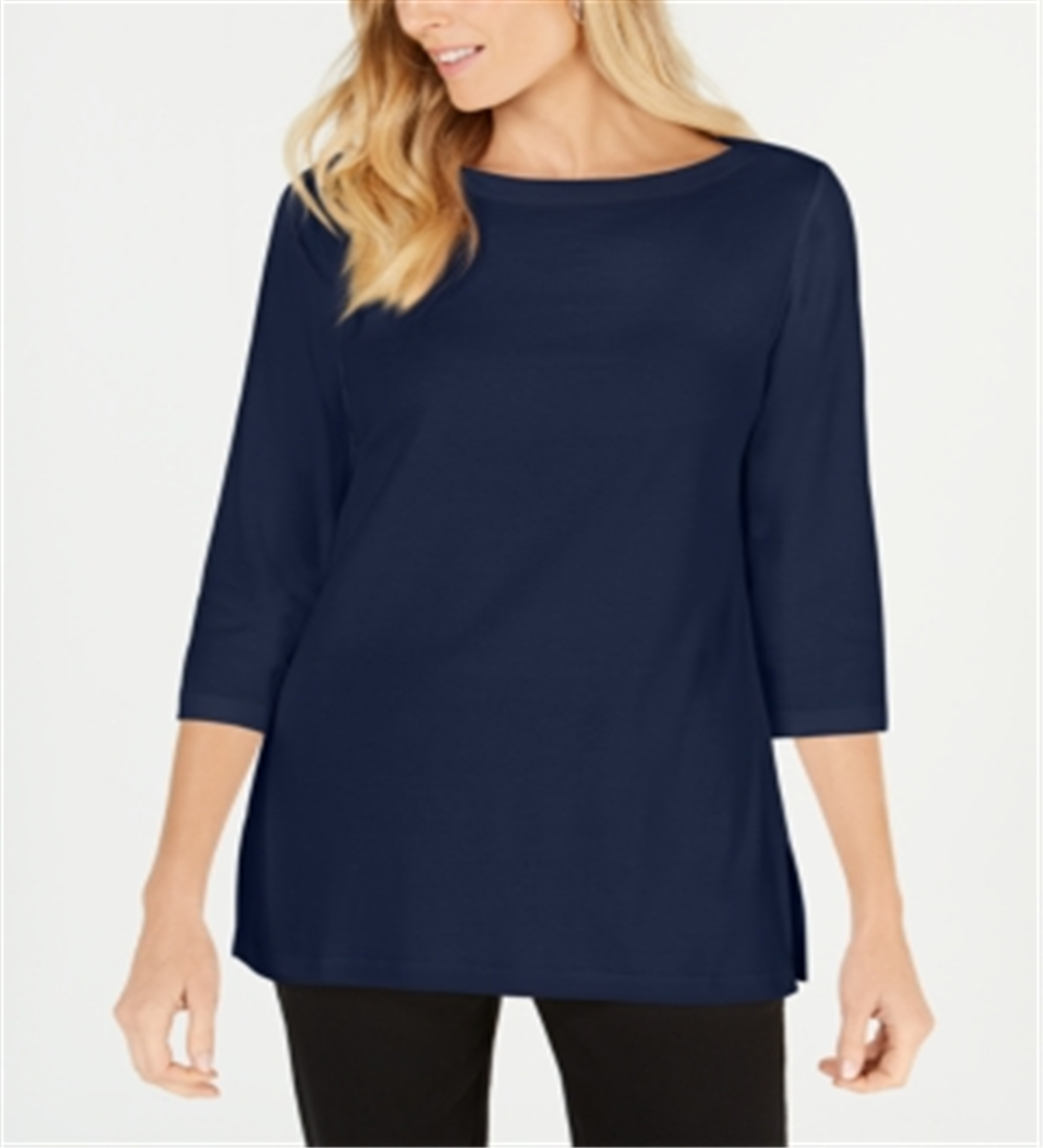 Karen Scott Women's Cotton Boat Neck 3/4 Sleeve Knit Top Blue Size Medium