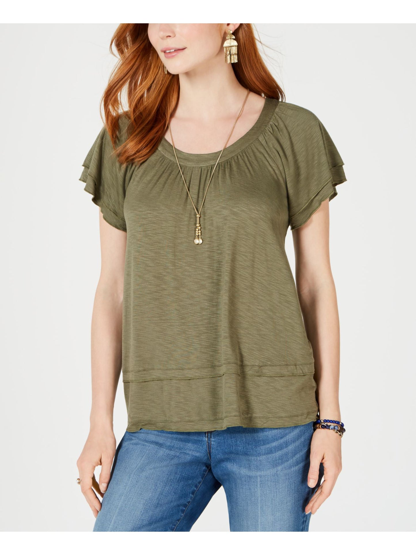 Style & Co Women's Tiered Flutter Blouse Green Size Small