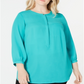 JM Collection Women's Plus Pleated Back Henley Blouse Green Size 1X