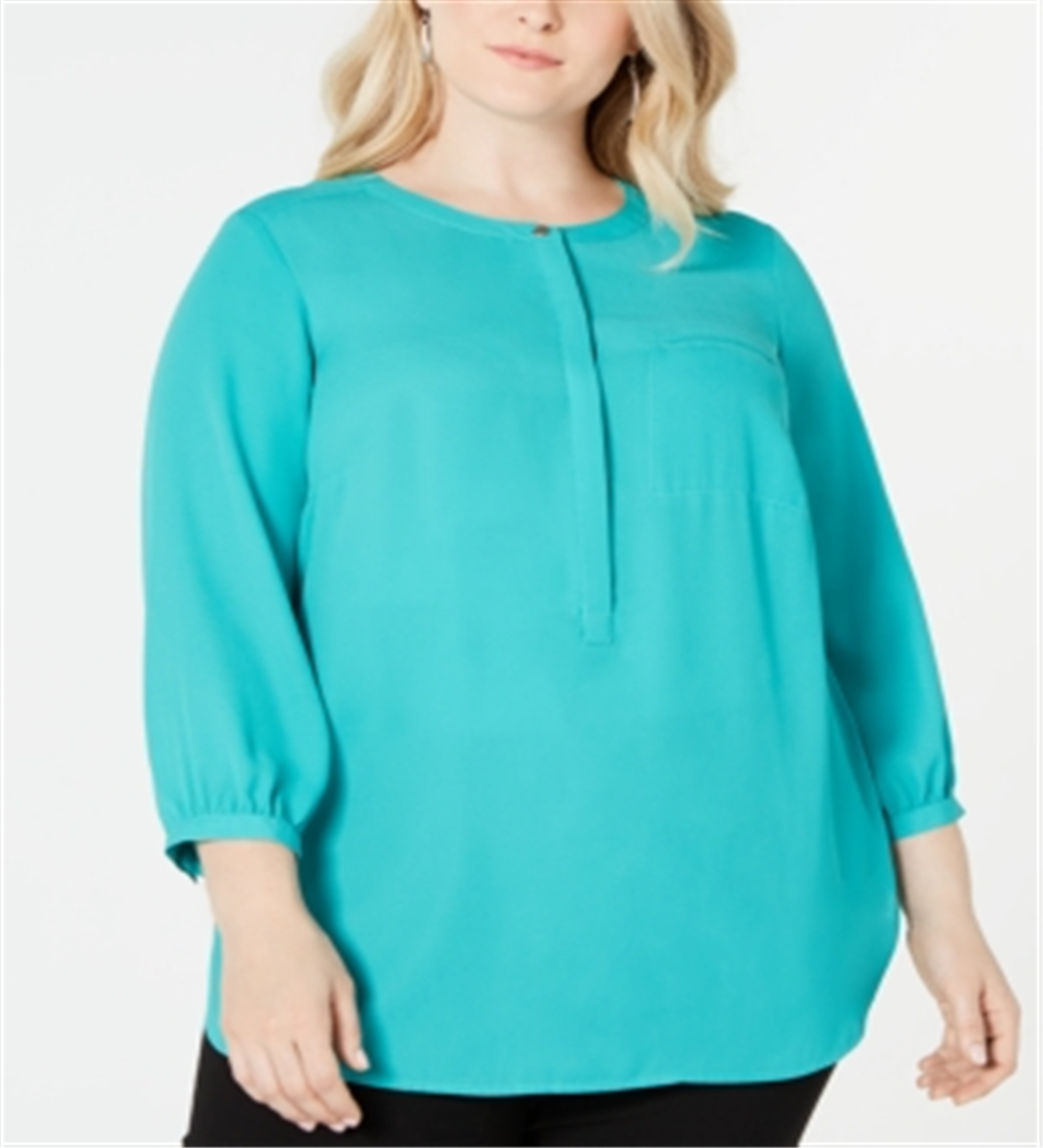 JM Collection Women's Plus Pleated Back Henley Blouse Green Size 1X