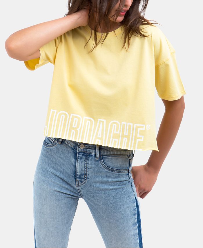 Jordache महिलाओं के लिए किम्बर्ली कॉटन क्रॉप्ड लोगो टी-शर्ट पीला आकार M