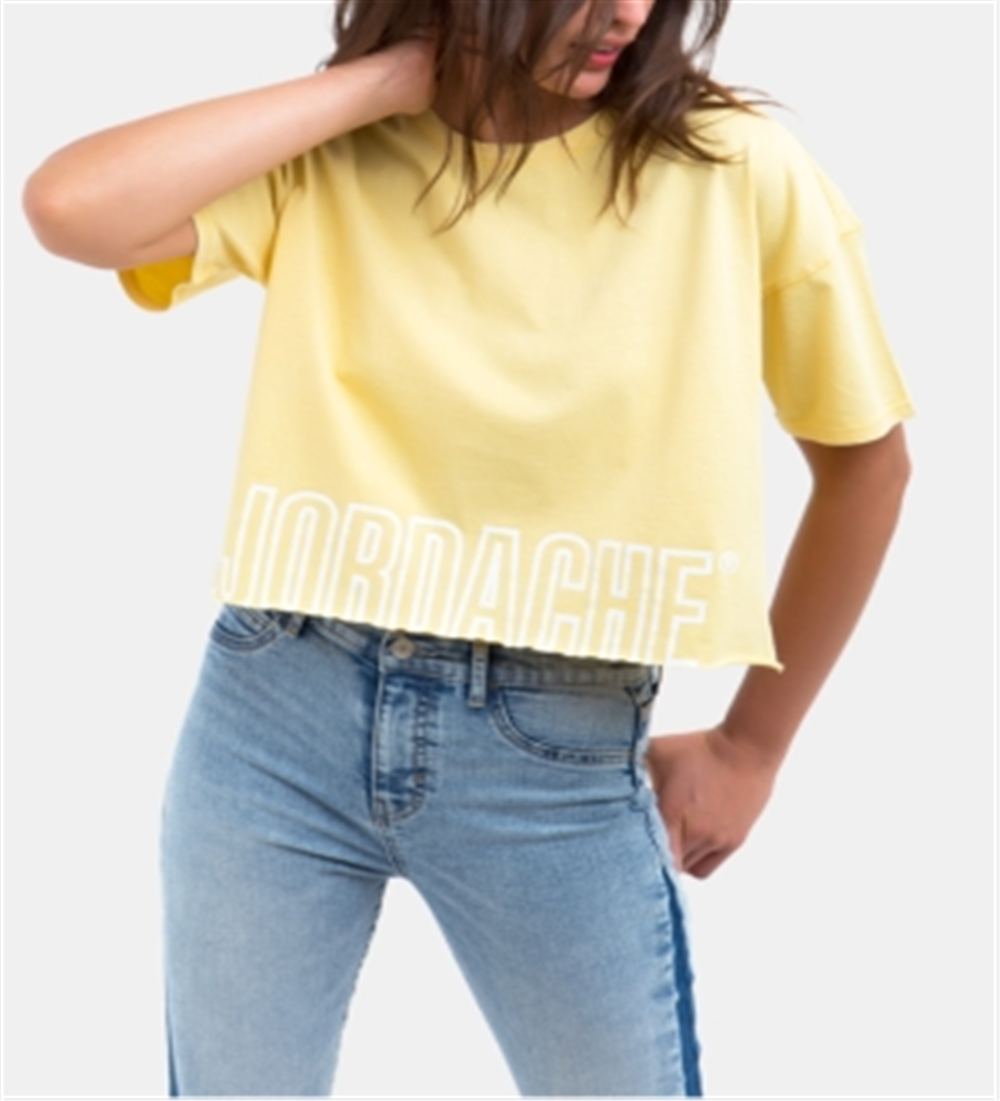 Jordache महिलाओं के लिए किम्बर्ली कॉटन क्रॉप्ड लोगो टी-शर्ट पीला आकार M