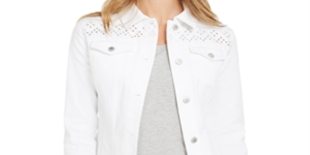 Charter Club Women's Eyelet TrimDenim Jacket White Size X-Small