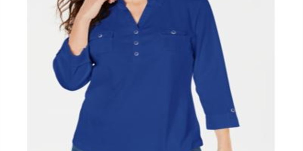 Karen Scott Women's Cotton Johnny Collar Utility Shirt Blue Size Large