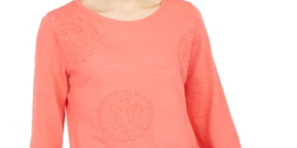 Charter Club Women's 3/4 Sleeve Printed Top Coral Size Medium