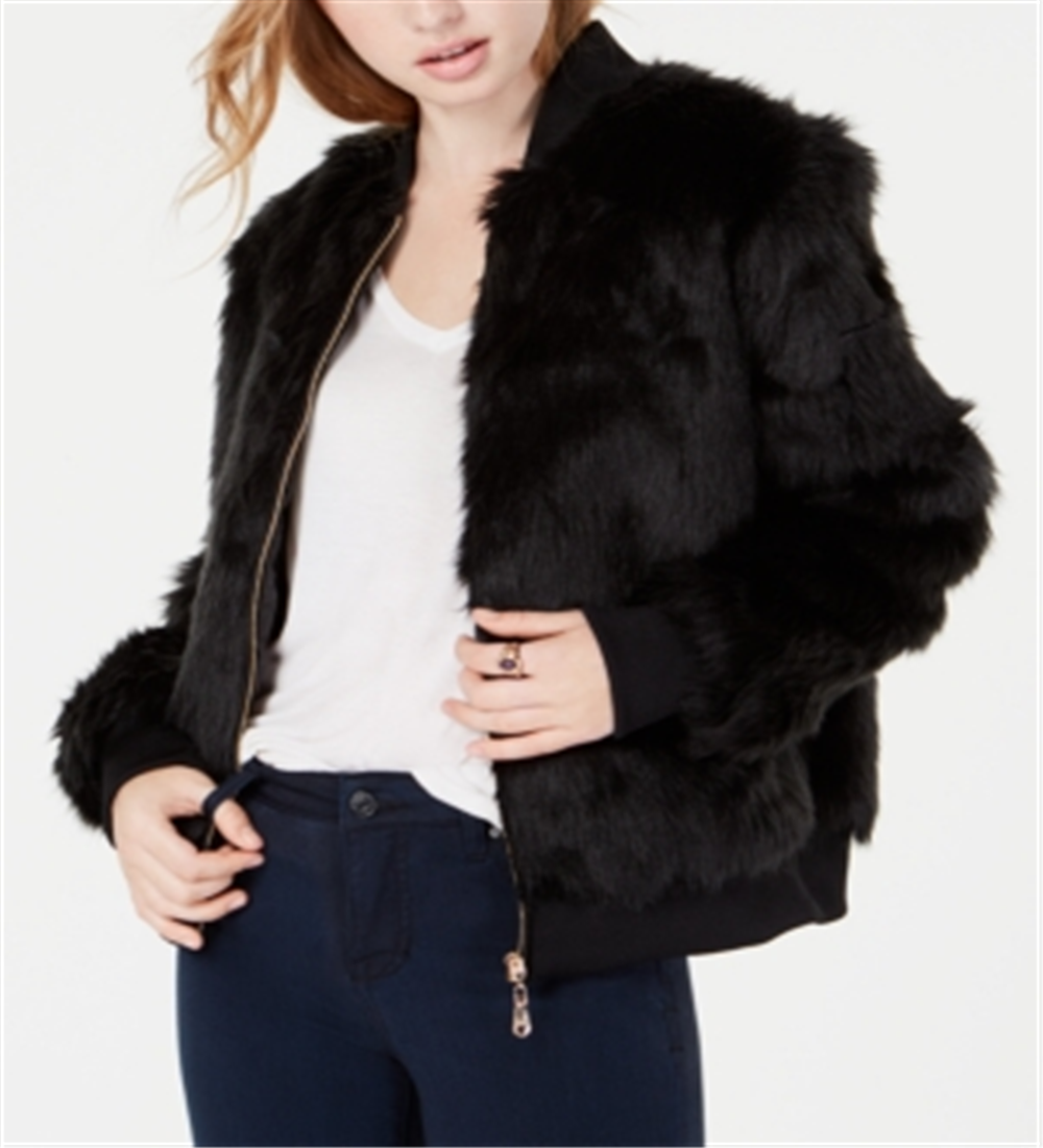 Say What? Women's Faux Fur Bomber Jacket Black Size Large