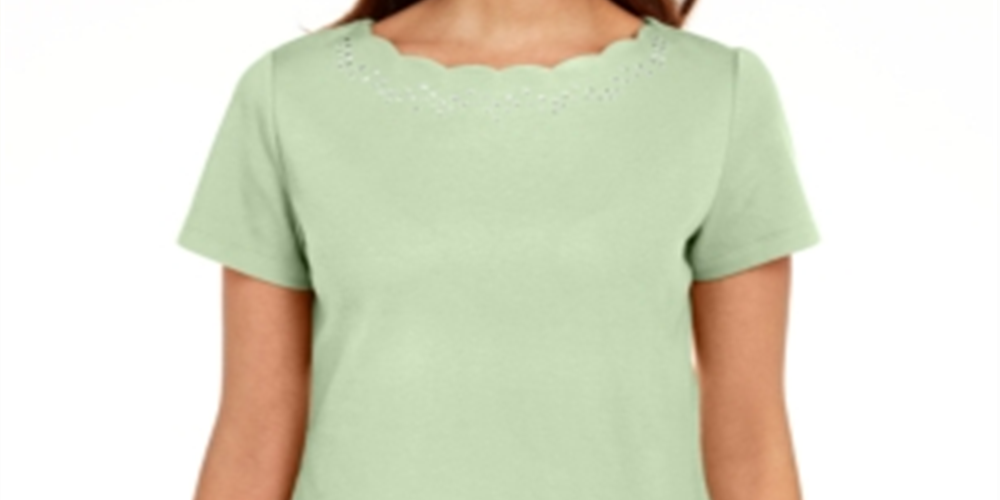 Karen Scott Women's Cotton Scalloped Neck T-Shirt Green Size Medium