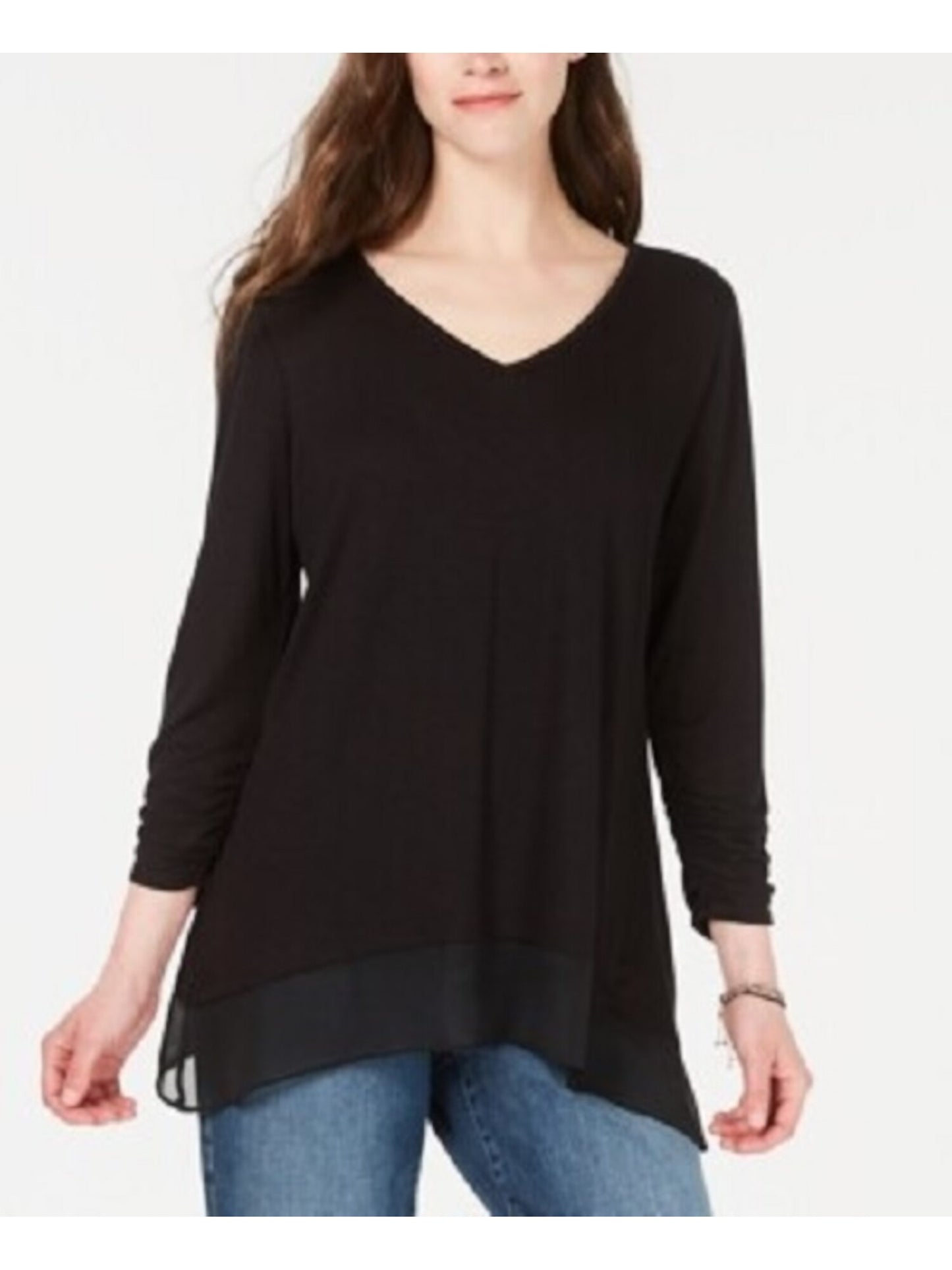 Style & Co Women's Long Sleeve V Neck Top Black Size Small